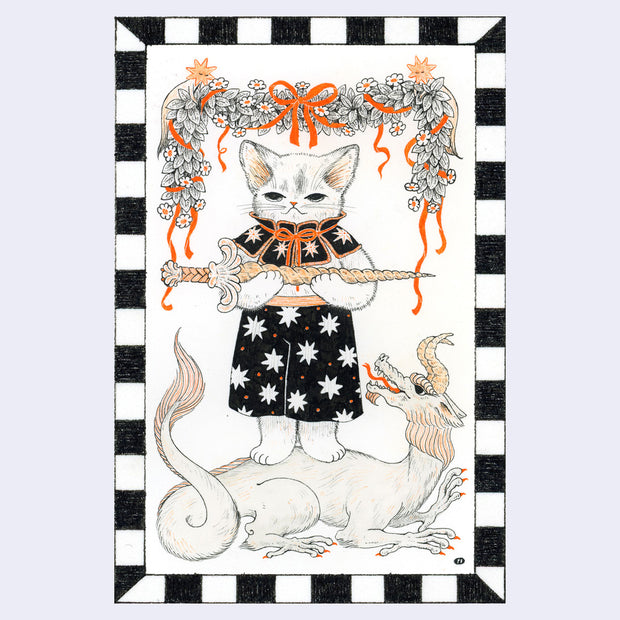 Black and orange ink illustration of a cat dressed in star patterned clothes and holding a twisted sword. It stands atop of a dragon and a floral garland is overhead.