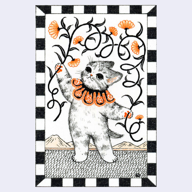 Black and orange ink illustration of a cat with an ornate fabric collar, holding 2 flowers with long, curling stems.