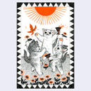 Black and orange ink illustration of 3 cats, dancing together in a circle with flowers and overfilled goblets.