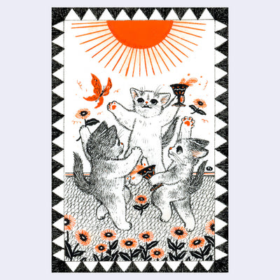 Black and orange ink illustration of 3 cats, dancing together in a circle with flowers and overfilled goblets.