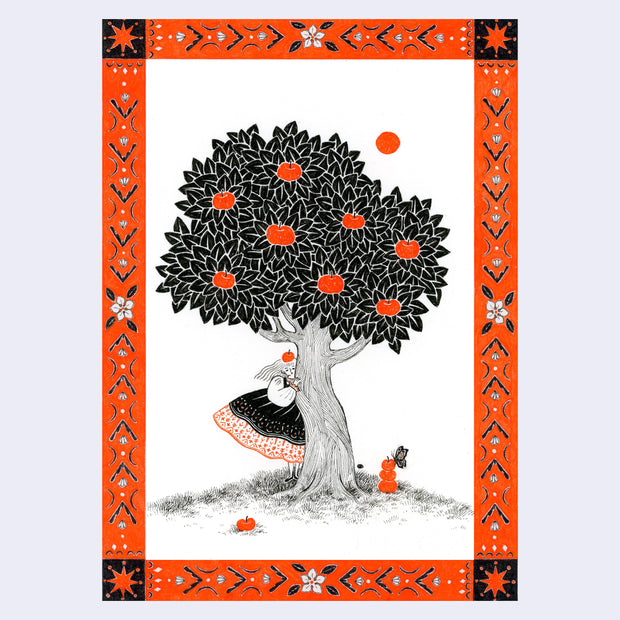 Illustration using only black and orange paint/ink of a woman in a hoop dress with an apple atop her head, peeking out from behind a large apple tree. Apples are on the ground and the piece has a drawn flower and geometric pattern border.