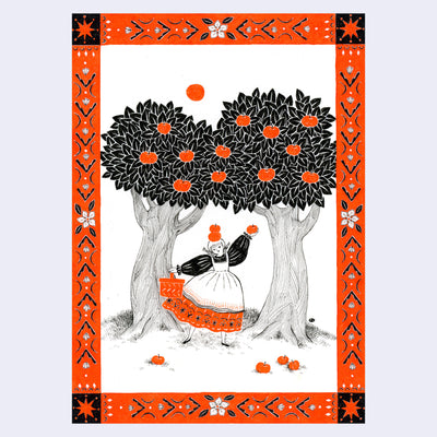 Illustration using only black and orange paint/ink of a woman in a hoop dress with 2 apples stacked atop her head, carrying a bag with extended arms under 2 apple trees. Apples are on the ground and the piece has a drawn flower and geometric pattern border.