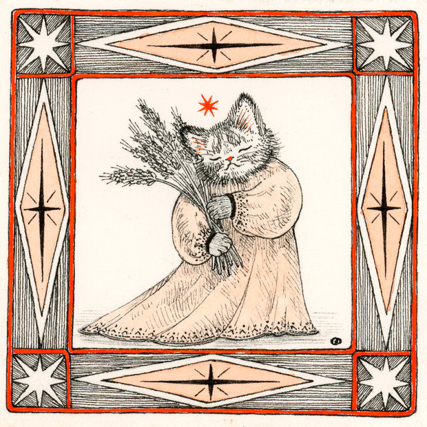 Illustration of a cat in a dress holding a bundle of grass, framed by decorative elements.