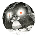 Ink illustration of a girl holding a candlestick and holding out her other hand, where an orange star hovers above it. She stands in a forest in the snow.