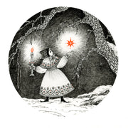 Ink illustration of a girl holding a candlestick and holding out her other hand, where an orange star hovers above it. She stands in a forest in the snow.