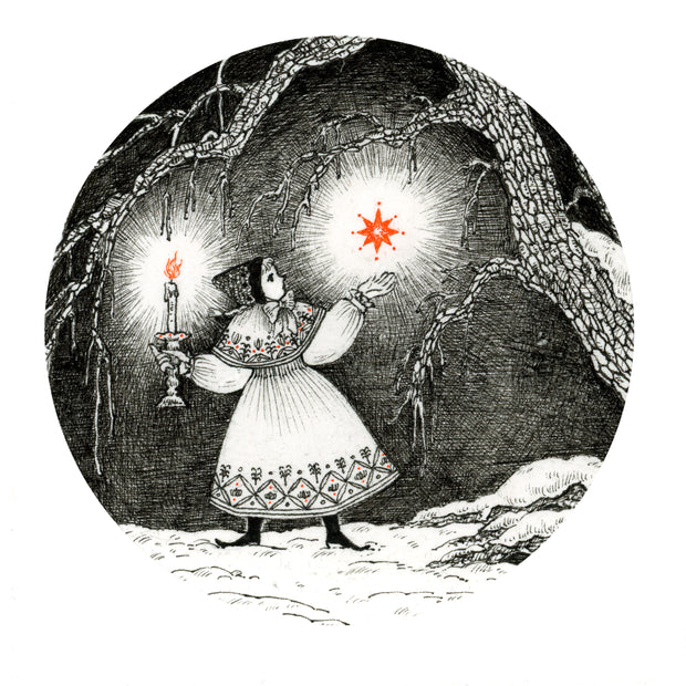 Ink illustration of a girl holding a candlestick and holding out her other hand, where an orange star hovers above it. She stands in a forest in the snow.