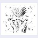 Black ink illustration of a cat happily throwing a star faces creature up in the air in celebration.