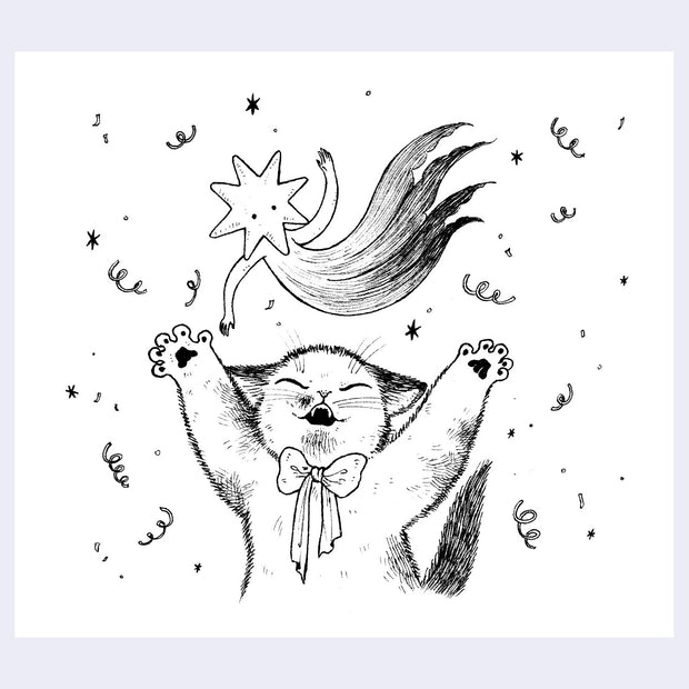 Black ink illustration of a cat happily throwing a star faces creature up in the air in celebration.