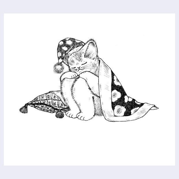 Black ink illustration of a cat, wearing a night cap with a blanket wrapped around it and a pillow nearby. It sits with its knees pulled in, asleep.