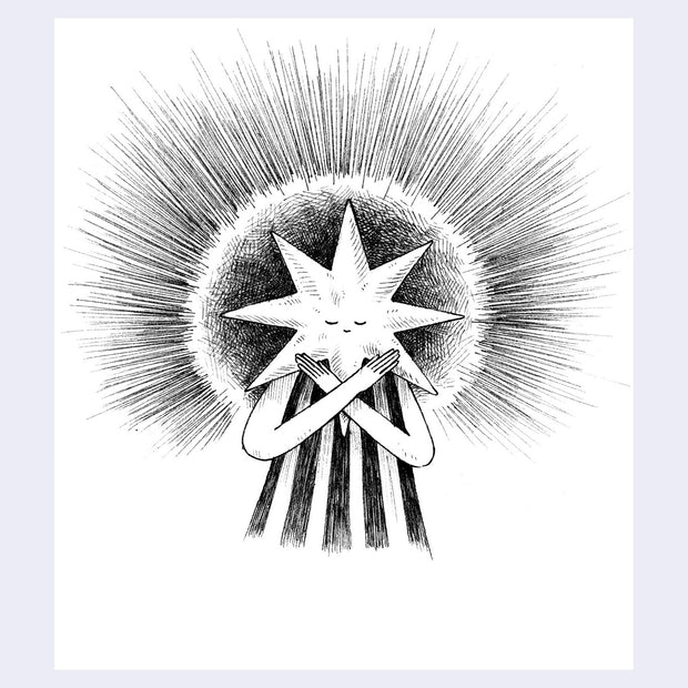 Black ink illustration of a star character with its eyes closed, its arms across its chest and light rays coming out of it.