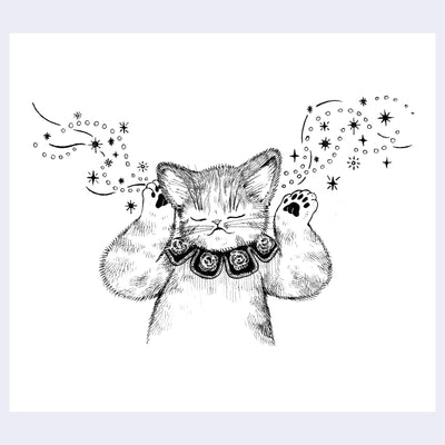 Black ink illustration of a cat, with music coming out of its ears.