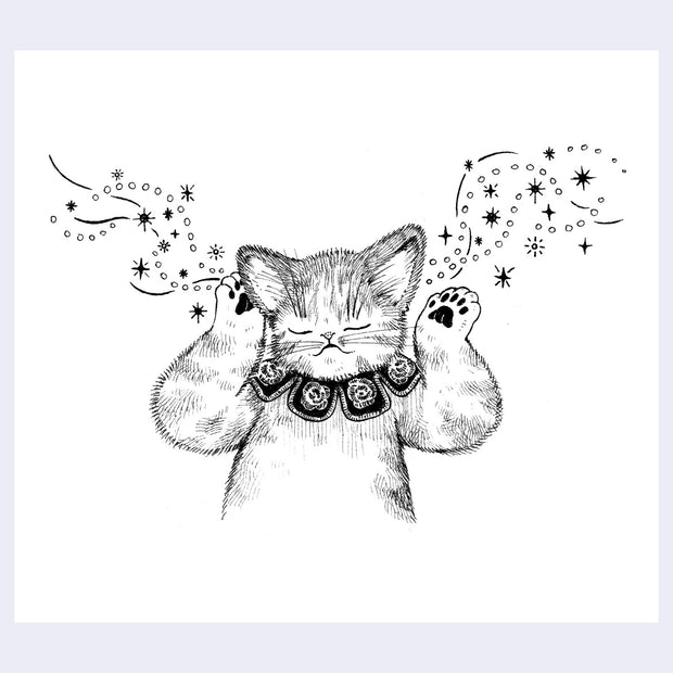 Black ink illustration of a cat, with music coming out of its ears.