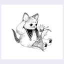 Black ink illustration of a cat, sitting on the floor and scratching its head at a map, while a tiny star creature points to the side.