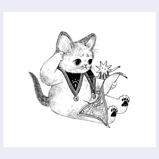 Black ink illustration of a cat, sitting on the floor and scratching its head at a map, while a tiny star creature points to the side.