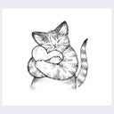 Black ink illustration of a cat, very closely and lovingly holding a large bean.