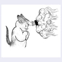 Black ink illustration of a hand emerging from a cloud, petting a very pleased looking cat.