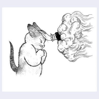 Black ink illustration of a hand emerging from a cloud, petting a very pleased looking cat.