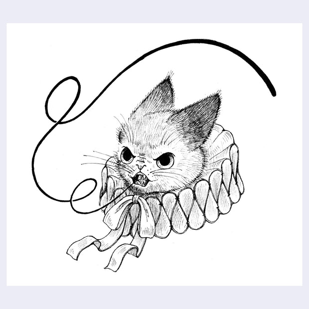 Black ink illustration of an angry cat, wearing a Shakespearean collar with a black curled line coming out of its mouth.