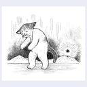 Black ink illustration of a sad cat, walking in a very tired manner through an open desert landscape.