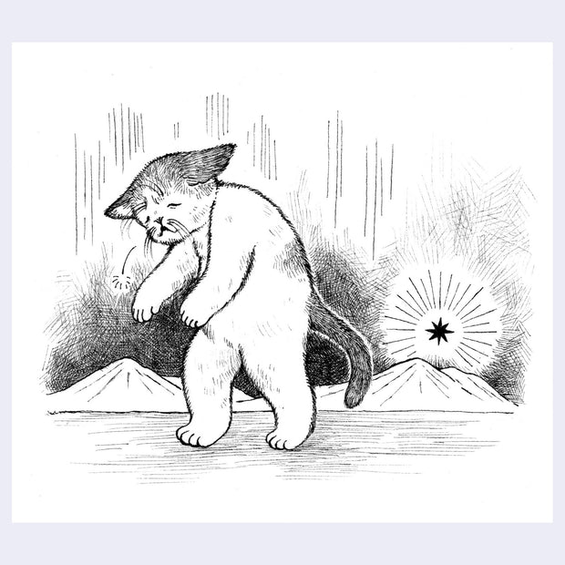 Black ink illustration of a sad cat, walking in a very tired manner through an open desert landscape.