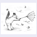 Illustration of a cat holding an umbrella, which is being forcefully pulled by the wind. Leaves blow by.