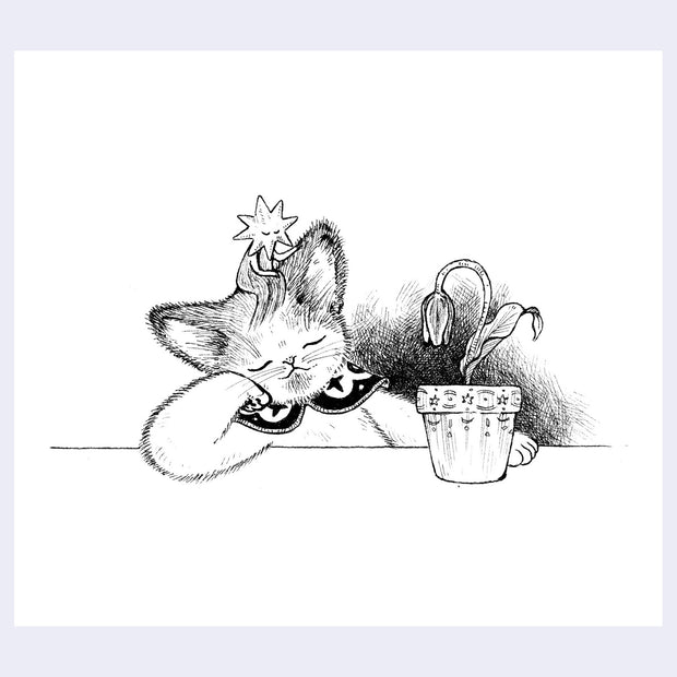Illustration of a cat with a star on its head and a potted plant with a wilted tulip. The cat looks sleepy.