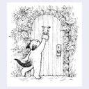 Black ink illustration of a cat using a frog shaped knocker at a large wooden door.