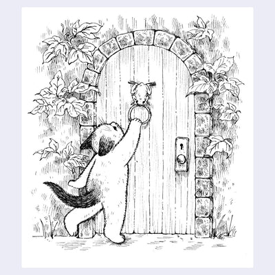 Black ink illustration of a cat using a frog shaped knocker at a large wooden door.