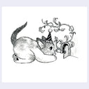 Black ink illustration of a cat wearing a party hat, crouched down and looking through a tiny door in the wall - where a vine grows out of.