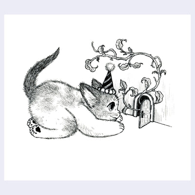 Black ink illustration of a cat wearing a party hat, crouched down and looking through a tiny door in the wall - where a vine grows out of.