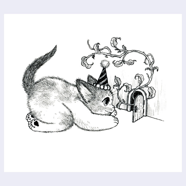 Black ink illustration of a cat wearing a party hat, crouched down and looking through a tiny door in the wall - where a vine grows out of.