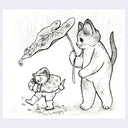 Black ink illustration of a small cat in a raincoat, splashing in the rain. A larger cat holds a leaf umbrella over the child.
