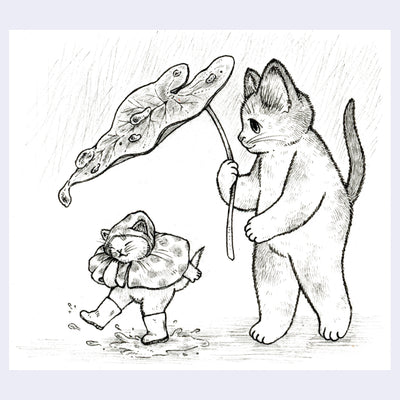 Black ink illustration of a small cat in a raincoat, splashing in the rain. A larger cat holds a leaf umbrella over the child.