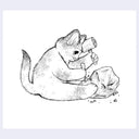 Black ink illustration of a cat holding a mallet and a chisel, carving away at a rock.