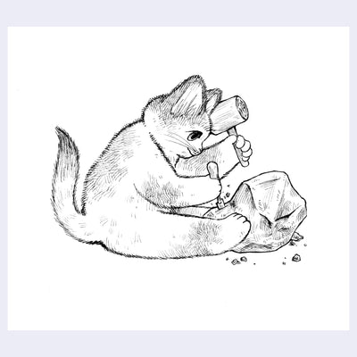 Black ink illustration of a cat holding a mallet and a chisel, carving away at a rock.