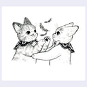 Black ink illustration of 2 cats, awaiting falling feathers from the sky.
