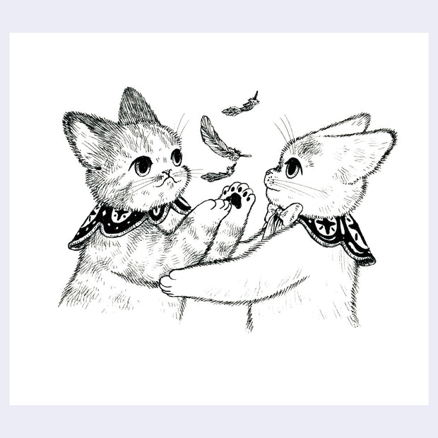 Black ink illustration of 2 cats, awaiting falling feathers from the sky.