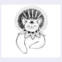 Black ink illustration of a cat with its eyes closed, and a third eye on its forehead open.