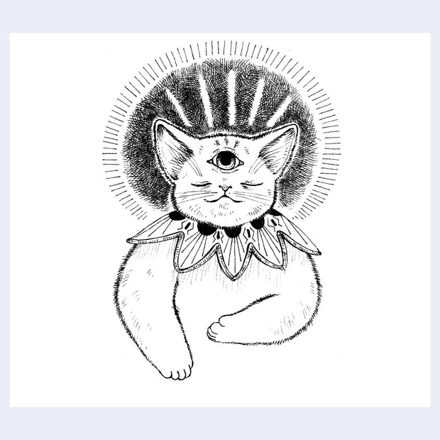 Black ink illustration of a cat with its eyes closed, and a third eye on its forehead open.