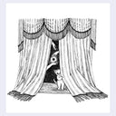 Black ink illustration of a tiny cat, peeking out from a stage curtain while hands hover in the background. 