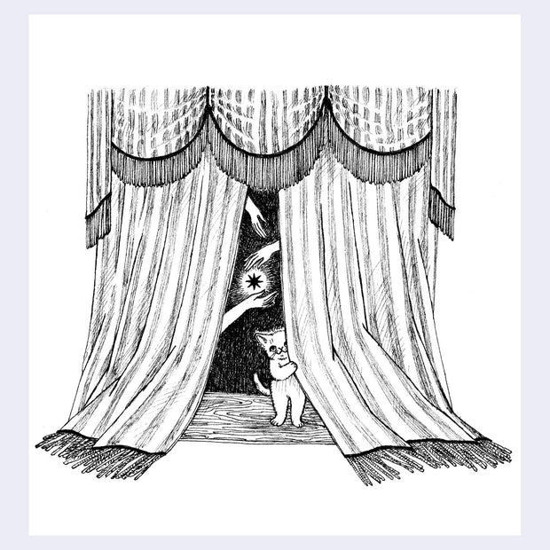 Black ink illustration of a tiny cat, peeking out from a stage curtain while hands hover in the background. 