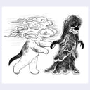 Black ink illustration of a smog monster guiding and holding the hand of a cat, who's head is replaced by a cloud of smoke.