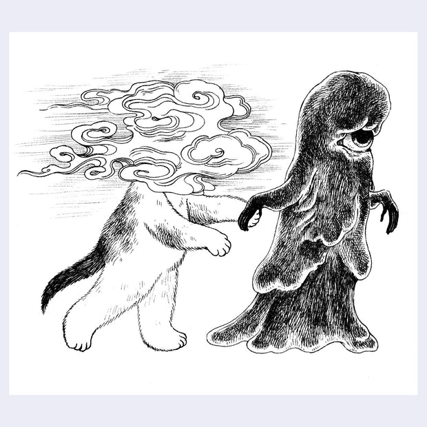 Black ink illustration of a smog monster guiding and holding the hand of a cat, who's head is replaced by a cloud of smoke.
