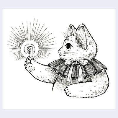 Black ink illustration of a cat holding up a glowing key.