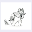 Black ink illustration of a cat dressed like a detective, looking through a magnifying glass to the floor with a missing poster of a star creature. The star creature lurks in the background.