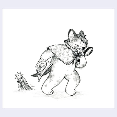 Black ink illustration of a cat dressed like a detective, looking through a magnifying glass to the floor with a missing poster of a star creature. The star creature lurks in the background.