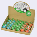 Container filled with 24 small paper mache frogs, 8 of each color: blue, green and orangish red.