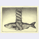 Graphite illustration on cream colored paper of a fish, tied to a thick rope which hangs from a hoop.