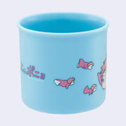 Small blue plastic cup with a graphic of Ponyo with her little sisters, who carry her same likeness just smaller versions.