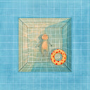 Illustration of a simplistic tan character floating in a square shaped pool, with pool tiles that are visually distorted from the water. A floral inflatable tube is nearby.